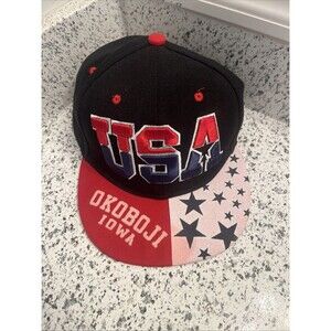 Vintage USA SnapBack Cap Hat American Flag Iowa Okoboji Adjustable